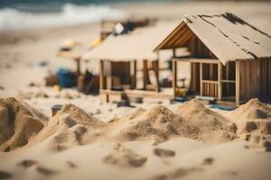 un' miniatura di legno Casa su il spiaggia. ai-generato foto