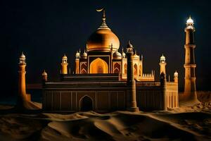 un' moschea nel il deserto a notte. ai-generato foto