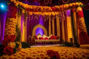 un' nozze palcoscenico decorato con fiori e rosso e giallo fiori. ai-generato foto