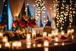 un' tavolo con candele e fiori nel davanti di un' tenda. ai-generato foto