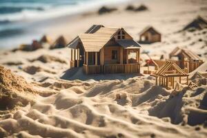 un' miniatura di legno Casa su il spiaggia. ai-generato foto