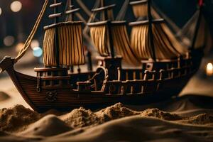un' modello di un' pirata nave su sabbia. ai-generato foto