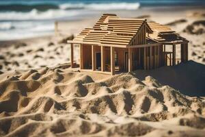 un' di legno Casa su il spiaggia con sabbia. ai-generato foto