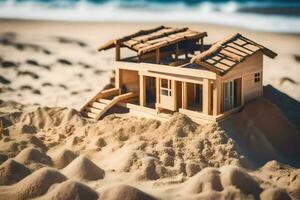 un' miniatura di legno Casa su il spiaggia. ai-generato foto