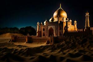 il taj Mahal è illuminato su a notte. ai-generato foto