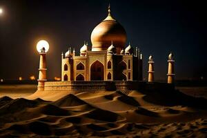 il taj Mahal è illuminato su a notte nel il deserto. ai-generato foto