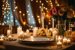 un' tavolo ambientazione con candele e fiori. ai-generato foto
