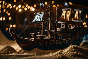 un' pirata nave è seduta su il sabbia. ai-generato foto