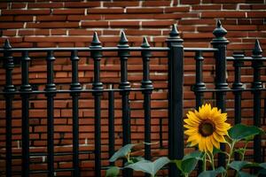 un' nero battuto ferro recinto con un' girasole nel davanti di esso. ai-generato foto