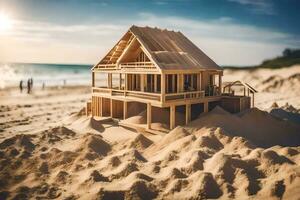 un' di legno Casa su il spiaggia con sabbia. ai-generato foto