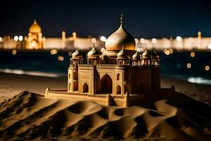 un' sabbia castello nel il deserto a notte. ai-generato foto