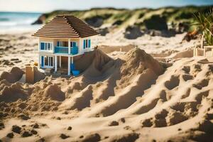 un' miniatura Casa su il spiaggia con sabbia. ai-generato foto