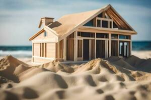 un' modello di un' Casa nel il sabbia. ai-generato foto
