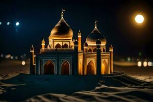 un' piccolo moschea nel il deserto a notte. ai-generato foto