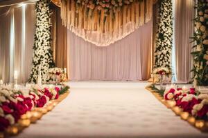 un' nozze cerimonia con un' lungo corridoio e fiori. ai-generato foto