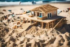 un' miniatura Casa su il spiaggia con sabbia. ai-generato foto