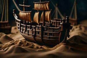 un' modello di un' nave nel il sabbia. ai-generato foto