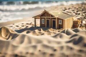un' miniatura di legno Casa su il spiaggia. ai-generato foto