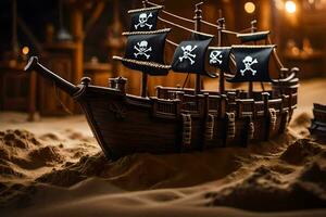 un' pirata nave è nel il sabbia. ai-generato foto