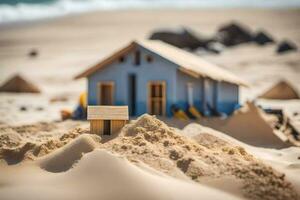 un' miniatura Casa su il spiaggia con sabbia. ai-generato foto