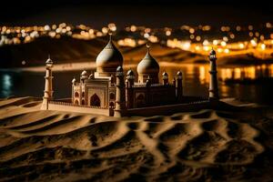 un' modello di un' moschea nel il deserto a notte. ai-generato foto