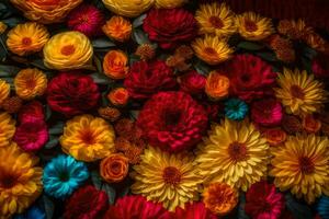 colorato fiori disposte nel un' modello su un' nero sfondo. ai-generato foto