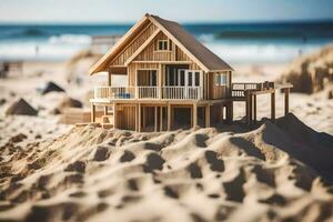 un' miniatura di legno Casa su il spiaggia. ai-generato foto