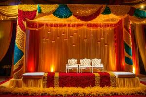 un indiano nozze cerimonia con rosso e giallo decorazioni. ai-generato foto