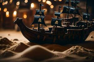 un' pirata nave è seduta nel il sabbia. ai-generato foto