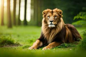 un' Leone è seduta nel il erba nel il foresta. ai-generato foto