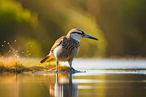 un' uccello in piedi su il acqua con suo becco aprire. ai-generato foto