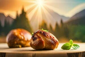 Due pezzi di pollo su un' di legno tavola con il sole splendente nel il sfondo. ai-generato foto