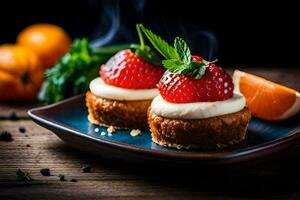 Due piccolo torte con fragole e menta su un' piatto. ai-generato foto