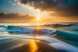 il sole sorge al di sopra di il oceano e onde. ai-generato foto