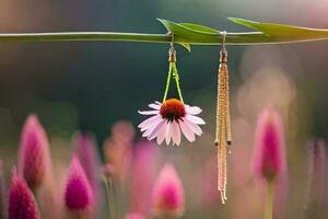 un' paio di orecchini sospeso a partire dal un' pianta nel davanti di rosa fiori. ai-generato foto