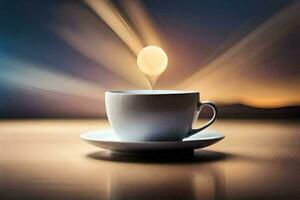 un' tazza di caffè su un' tavolo con un' leggero splendente a partire dal esso. ai-generato foto