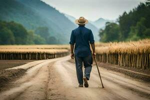 un' uomo a piedi giù un' sporco strada con un' canna. ai-generato foto