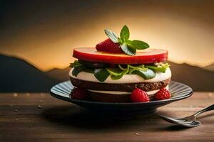 un' pila di cibo su un' piatto con un' forchetta e cucchiaio. ai-generato foto