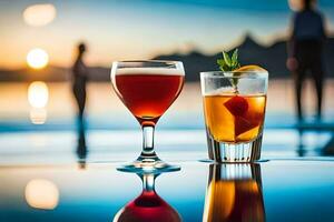 Due bicchieri di bevande su un' tavolo con un' tramonto nel il sfondo. ai-generato foto