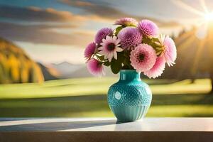 un' vaso con rosa fiori su un' tavolo nel davanti di un' campo. ai-generato foto
