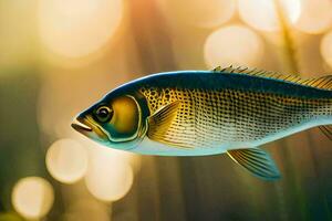 un' pesce nuoto nel il acqua con un' luminosa luce. ai-generato foto