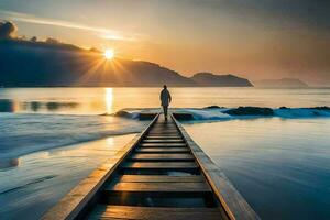 un' uomo sta su un' di legno ponte al di sopra di il oceano a tramonto. ai-generato foto