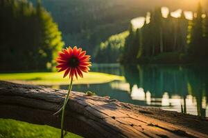 un' rosso fiore si siede su un' log vicino un' lago. ai-generato foto