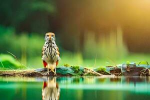un' uccello è in piedi su un' log vicino acqua. ai-generato foto