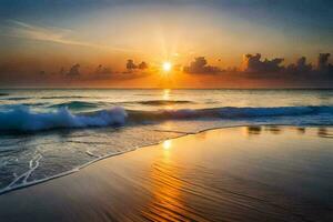 il sole sorge al di sopra di il oceano e onde su il spiaggia. ai-generato foto