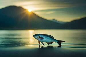 un' pesce è in piedi su il acqua a tramonto. ai-generato foto