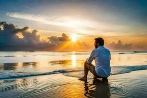 un' uomo si siede su il spiaggia a tramonto. ai-generato foto