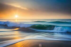 il sole sorge al di sopra di il oceano e onde. ai-generato foto