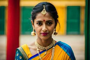 un' donna nel un' colorato sari. ai-generato foto