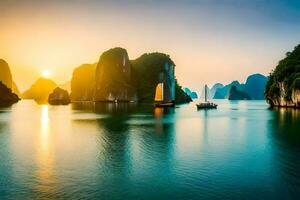 halong baia, Vietnam, tramonto, tramonto Vietnam, tramonto Vietnam. ai-generato foto